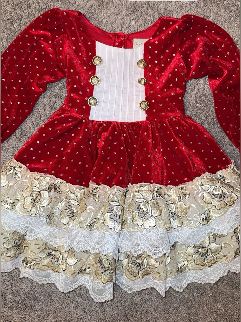 Festive Red Velvet Girls Holiday Dress with Gold Lace Trim